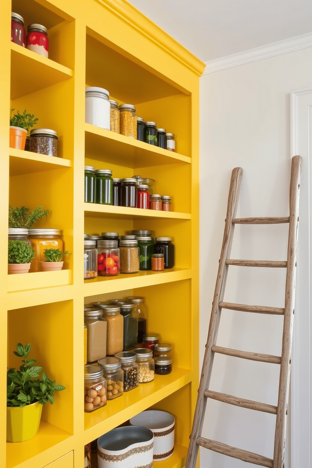 A bright yellow pantry featuring open shelves that showcase an array of colorful jars and containers. The shelves are neatly organized, with fresh herbs in small pots and vibrant fruits adding a lively touch to the space. The walls are painted in a soft white to complement the yellow, creating a bright and airy atmosphere. A rustic wooden ladder leans against one shelf, providing easy access to items stored higher up.