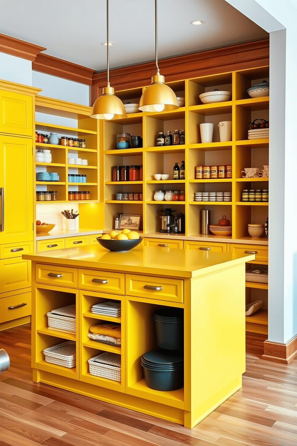 A bright yellow pantry island serves as a vibrant focal point in the kitchen, providing ample storage space with its multiple shelves and drawers. The island features a sleek countertop that complements the cheerful hue, enhancing the overall aesthetic of the room. Surrounding the island, open shelving displays colorful jars and kitchenware, creating an inviting atmosphere. Warm wood accents and modern lighting fixtures further elevate the design, making the pantry both functional and stylish.