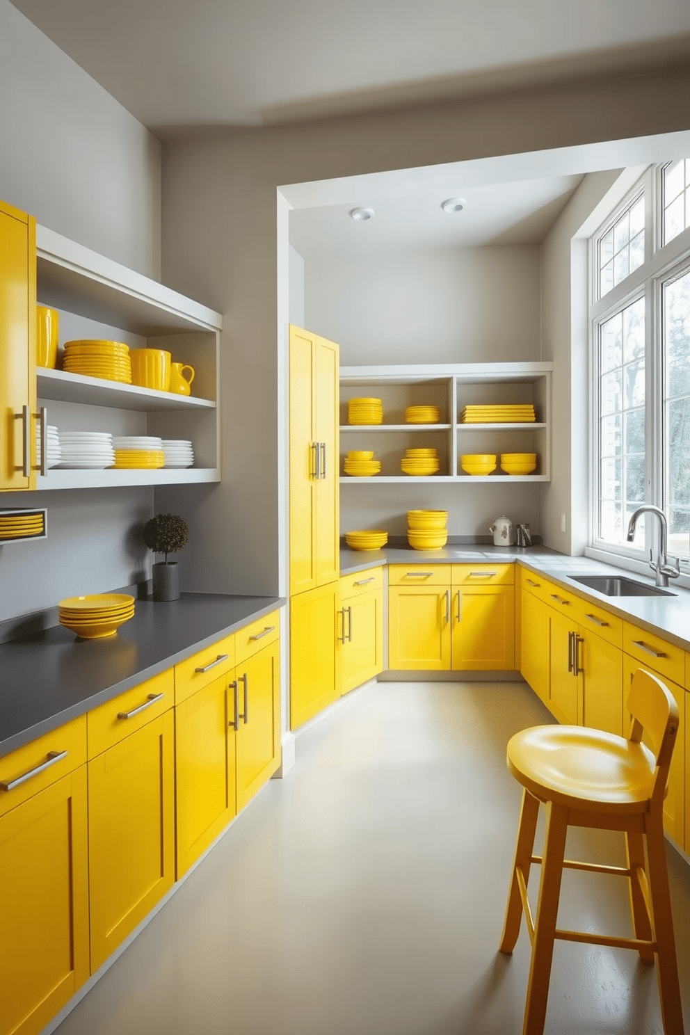 A harmonious yellow and gray color scheme fills the pantry, featuring yellow cabinetry with sleek gray hardware. The walls are painted a soft gray, creating a bright and inviting atmosphere, while open shelving displays vibrant yellow dishware and storage containers. Incorporate a spacious island with a gray countertop, accented by yellow bar stools that add a pop of color. Natural light floods the space through a large window, illuminating the carefully organized pantry with its cheerful and modern aesthetic.