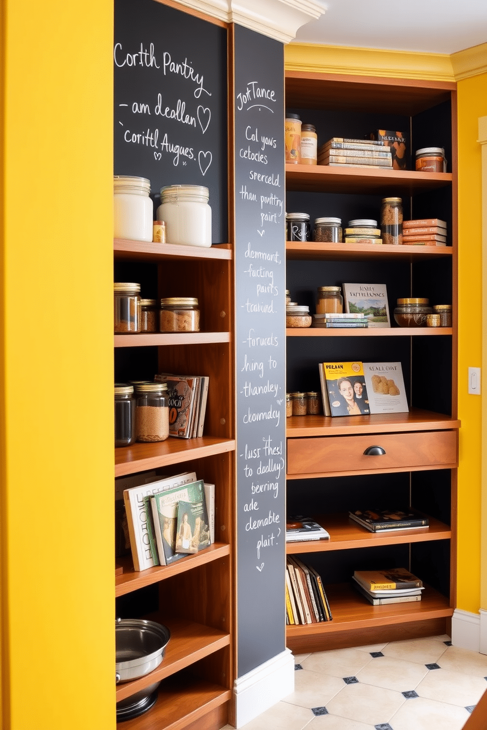 A vibrant pantry featuring walls painted in cheerful yellow with a chalkboard paint finish, allowing for easy note-taking and creative doodles. The space is accented with open wooden shelving, filled with colorful jars and cookbooks, creating an inviting and functional atmosphere.