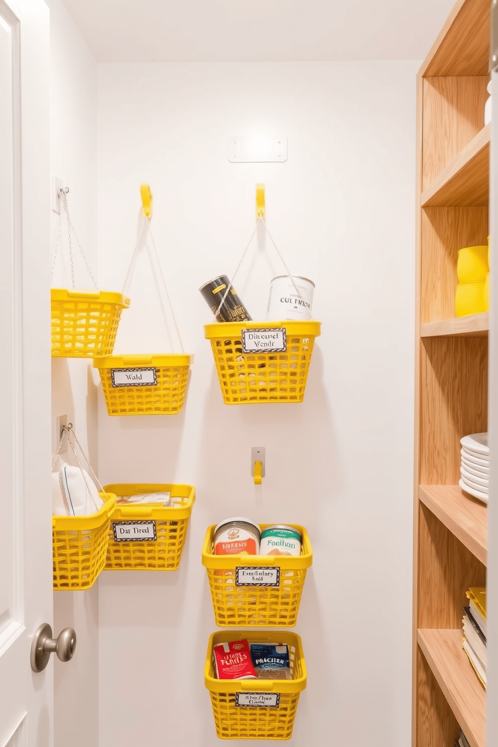 A bright and cheerful pantry design featuring hanging yellow baskets for easy access to frequently used items. The walls are painted in a soft white, creating a fresh backdrop that enhances the vibrant yellow of the baskets. The pantry includes open shelving made of natural wood, providing a warm contrast to the bright accents. Decorative labels on the baskets add a personalized touch while keeping the space organized and functional.