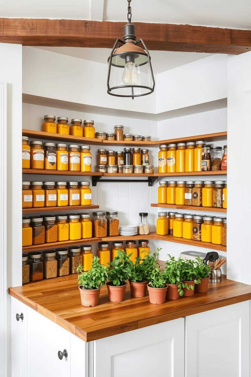 A vibrant pantry filled with an array of yellow spice jars, neatly organized on open wooden shelves. The walls are painted in a soft white, creating a bright and cheerful atmosphere that enhances the colorful jars. The pantry features a rustic wooden countertop, perfect for meal prep, with a small herb garden in pots on one side. A stylish pendant light hangs from the ceiling, illuminating the space and adding a touch of warmth.