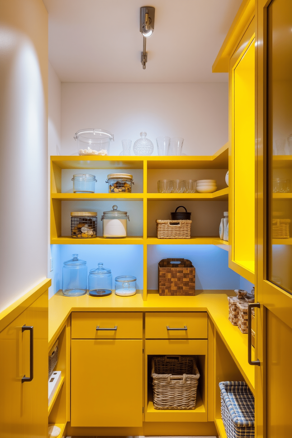 A modern pantry design featuring accent lighting that highlights vibrant yellow cabinetry and shelves. The space is organized with clear glass containers and decorative baskets, creating a cheerful and functional atmosphere. The walls are painted in a soft white to enhance the brightness of the yellow accents. Sleek, minimalist fixtures provide additional lighting, casting a warm glow over the entire pantry space.