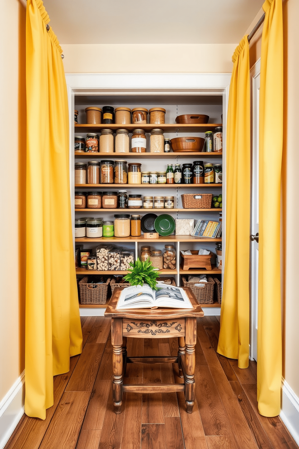 A warm and inviting pantry space features yellow curtains that add a cozy touch to the room. The shelves are lined with neatly organized jars and baskets, showcasing a variety of grains, spices, and snacks against a backdrop of soft, neutral walls. The floor is adorned with rustic wooden planks that enhance the charm of the space. A small wooden table in the center holds fresh herbs and a cookbook, inviting culinary creativity.