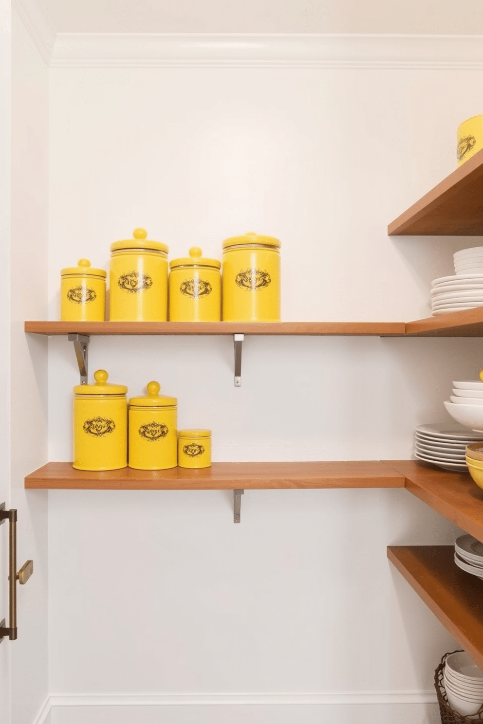 A charming pantry design featuring decorative yellow canisters arranged neatly on open wooden shelves. The walls are painted in a soft white hue, providing a bright and airy backdrop for the vibrant canisters, which add a pop of color and personality to the space.