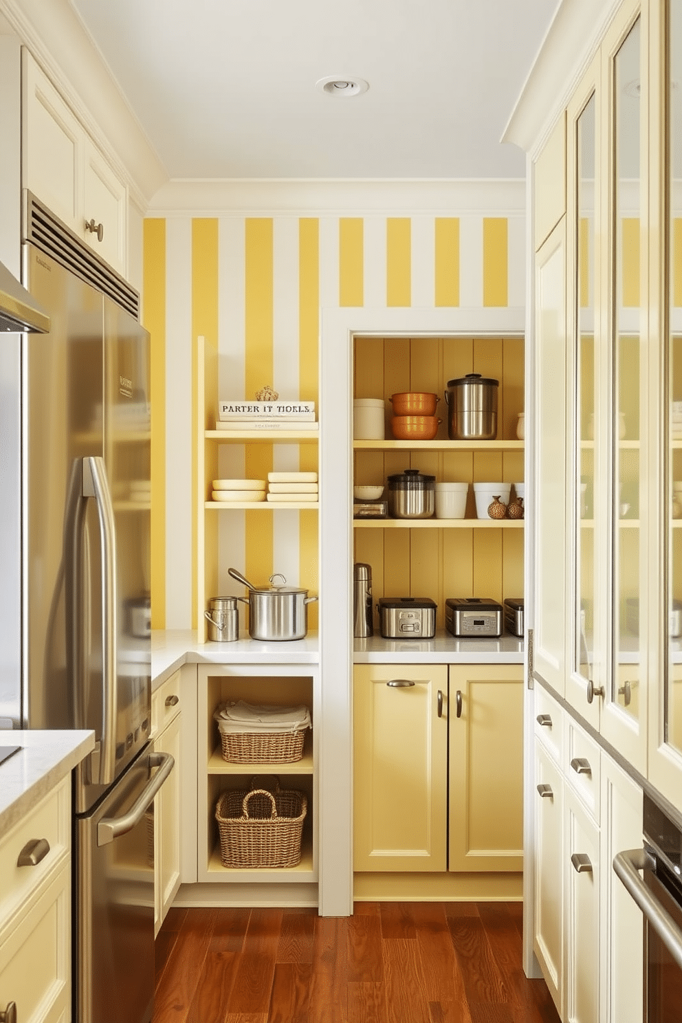 A cheerful kitchen featuring yellow and white striped wallpaper that adds a playful touch to the space. The wallpaper complements the bright white cabinetry, creating a fresh and inviting atmosphere. A spacious pantry with organized shelves painted in a soft yellow hue, enhancing the warmth of the room. The pantry is equipped with stylish storage containers and a small countertop for meal prep, making it both functional and aesthetically pleasing.