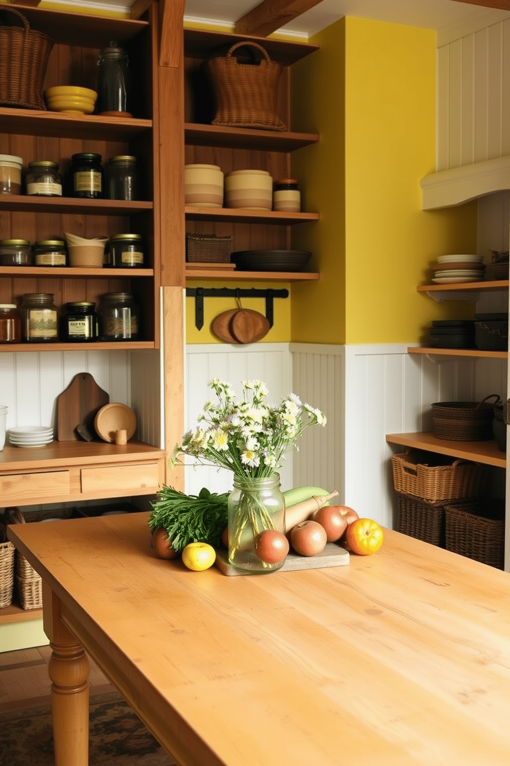 A rustic farmhouse pantry adorned in warm yellow tones. The wooden shelves are filled with vintage jars and baskets, creating a cozy and inviting atmosphere. The walls are painted in a soft butter yellow, complemented by white beadboard paneling. A farmhouse table in the center holds fresh produce and a bouquet of wildflowers in a mason jar.