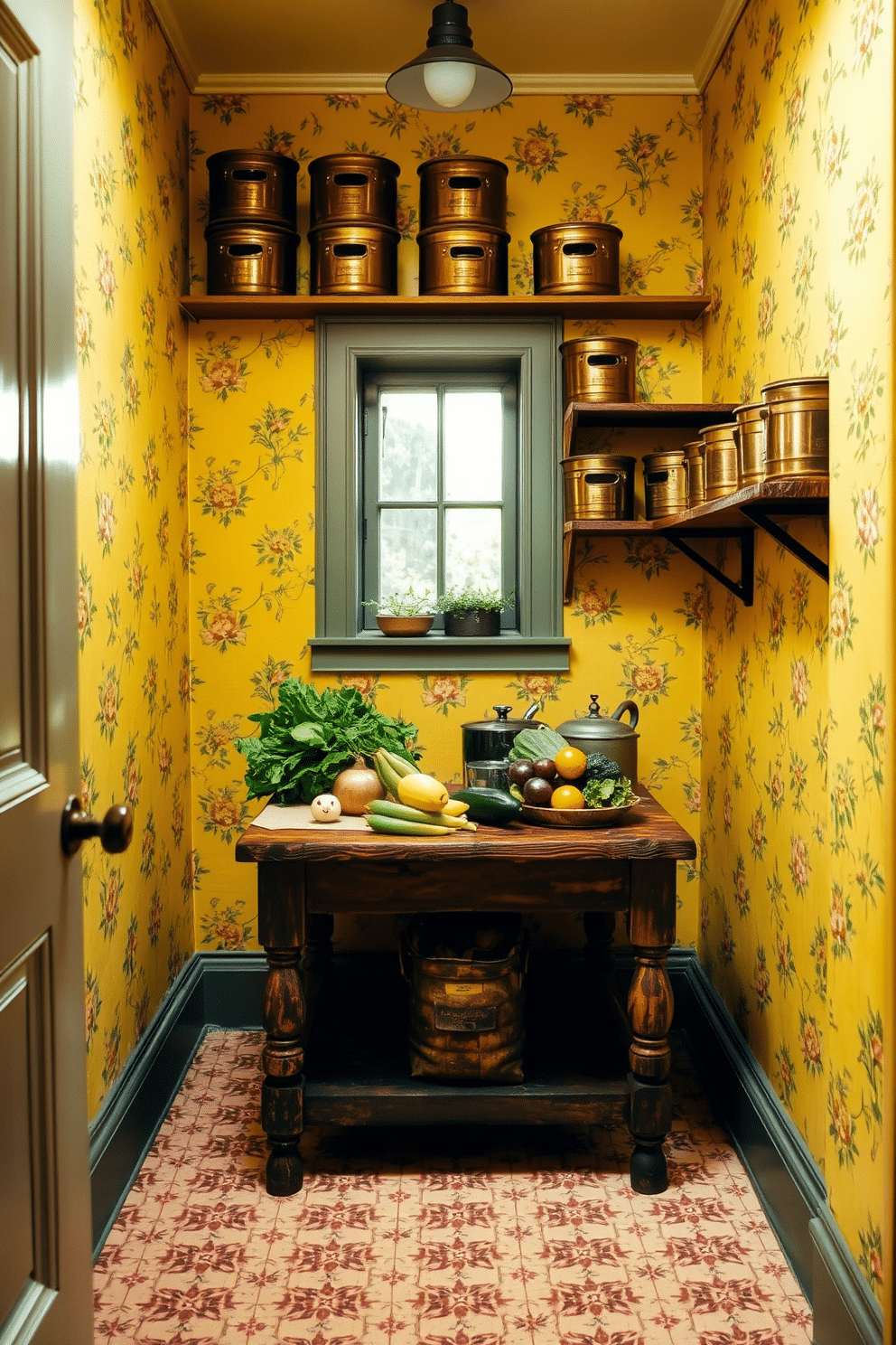 A charming vintage pantry featuring yellow wallpaper adorned with delicate floral patterns. The space includes vintage brass bins neatly arranged on wooden shelves, adding a touch of warmth and nostalgia. The pantry is illuminated by soft, natural light filtering through a small window. A rustic wooden table in the center showcases fresh produce and kitchen essentials, enhancing the inviting atmosphere.