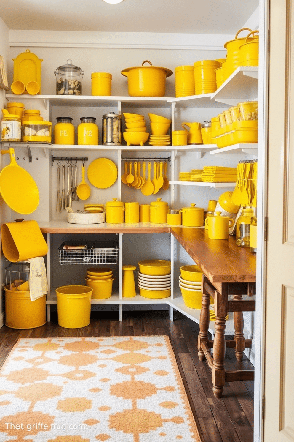 A bright and cheerful pantry filled with vibrant yellow accessories and tools. The shelves are lined with canisters, utensils, and storage bins in various shades of yellow, creating a sunny and inviting atmosphere. The walls are painted in a soft white to enhance the brightness of the yellow elements. A rustic wooden countertop provides a warm contrast, while a stylish rug with a playful pattern adds texture to the space.