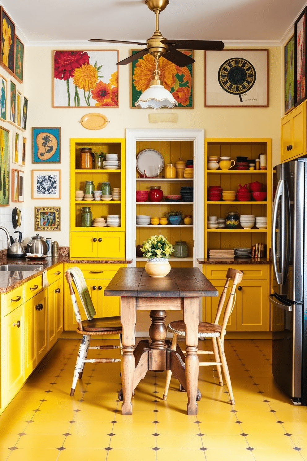 A vibrant kitchen featuring a yellow-themed pantry. The walls are adorned with colorful artwork that incorporates various shades of yellow, creating a cheerful and inviting atmosphere. The pantry is designed with bright yellow cabinetry, complemented by open shelving displaying an array of colorful dishes and jars. A rustic wooden table sits in the center, surrounded by mismatched chairs that add to the eclectic charm of the space.