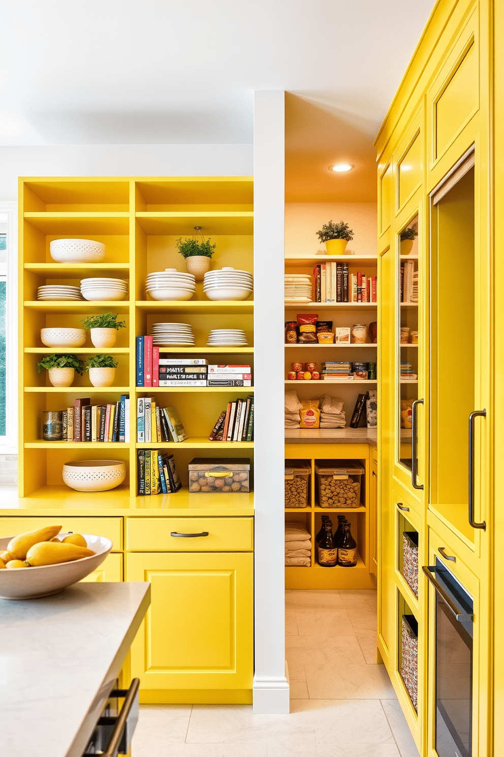 A vibrant kitchen featuring yellow shelving units that create a stylish display for dishware and decorative items. The open shelves are accented with potted herbs and colorful cookbooks, enhancing the cheerful ambiance of the space. A modern pantry designed with yellow cabinetry that provides ample storage while maintaining a bright and inviting atmosphere. The pantry includes organized sections for dry goods, with a small countertop for meal prep, complemented by warm lighting that highlights the cheerful yellow hues.