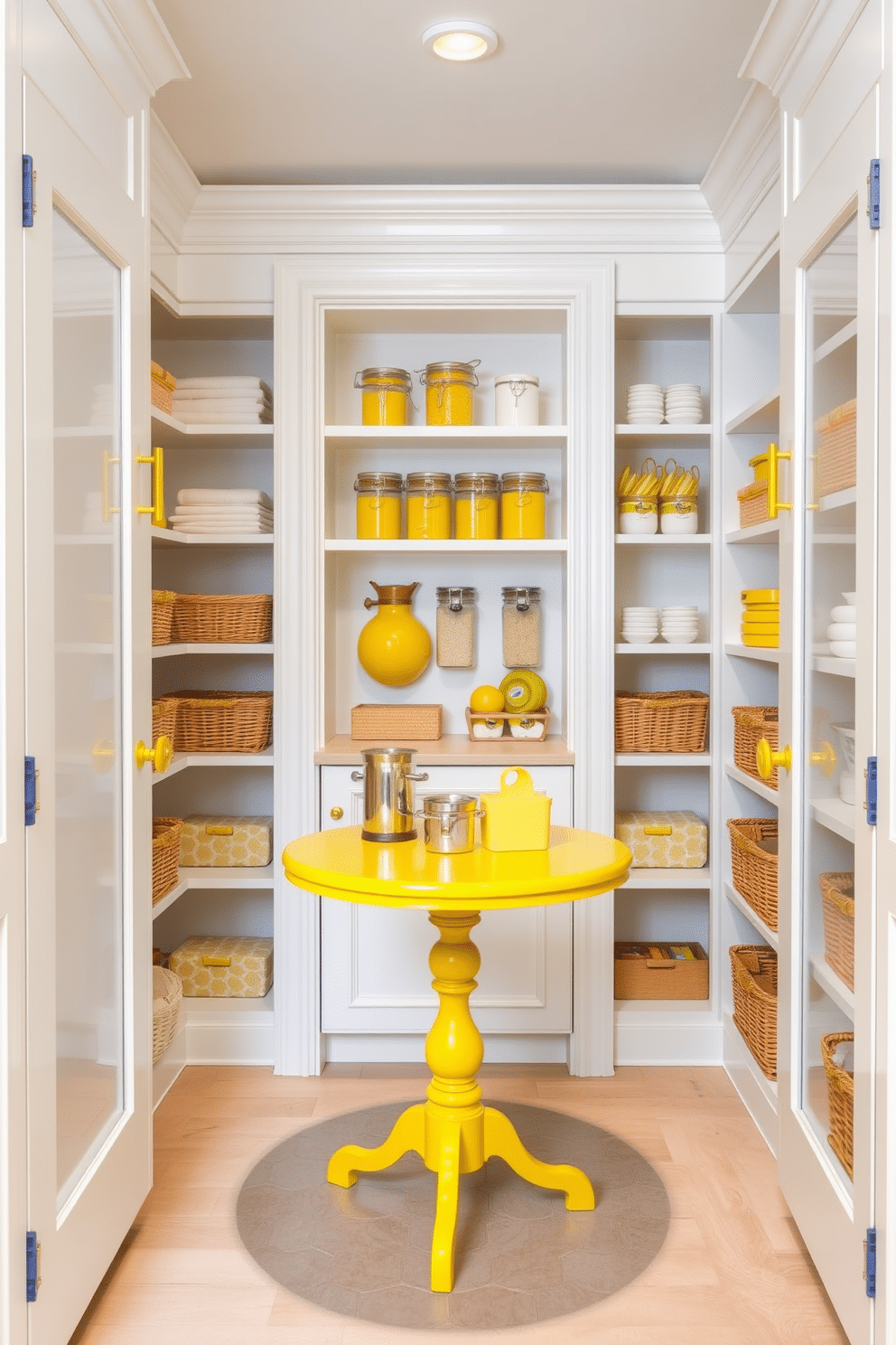 A bright and cheerful pantry featuring yellow door hardware that pops against soft white cabinetry. The walls are painted in a light pastel shade, creating a warm and inviting atmosphere. Inside the pantry, shelves are filled with neatly organized jars and baskets, all in coordinating yellow and white tones. A small, round table with yellow accents sits in the center, providing a perfect spot for quick meal prep or coffee breaks.