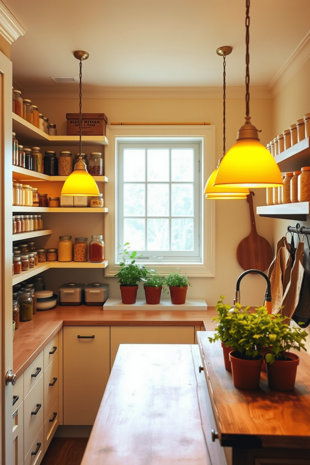 A bright and inviting pantry featuring warm yellow lighting that enhances the space's cheerful atmosphere. The shelves are stocked with an organized array of jars and containers, all complemented by the soft glow from pendant lights with yellow-tinted shades. The walls are painted in a soft cream color, creating a warm backdrop for the vibrant yellow accents. A rustic wooden countertop provides space for meal prep, while a small herb garden thrives in pots on the windowsill, adding a touch of greenery to the design.