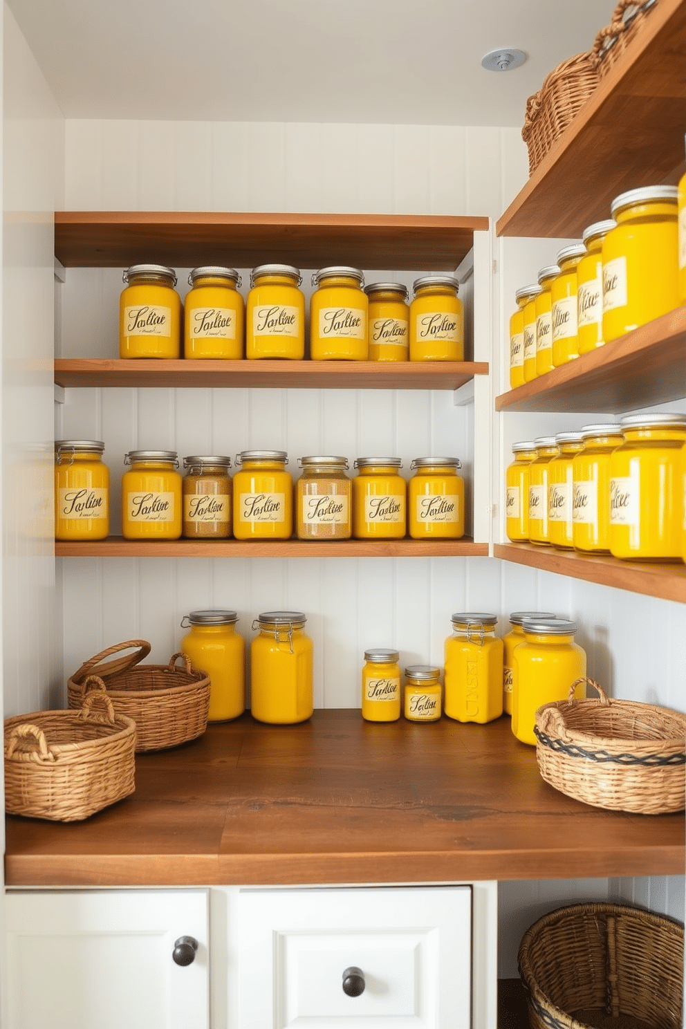 A bright and cheerful pantry features yellow glass jars neatly arranged on open wooden shelves. The jars are labeled with elegant black script, adding a touch of sophistication to the vibrant space. The walls are painted in a soft white, creating a fresh backdrop that enhances the sunny yellow of the jars. A rustic wooden countertop provides ample workspace, complemented by woven baskets that add texture and warmth to the design.