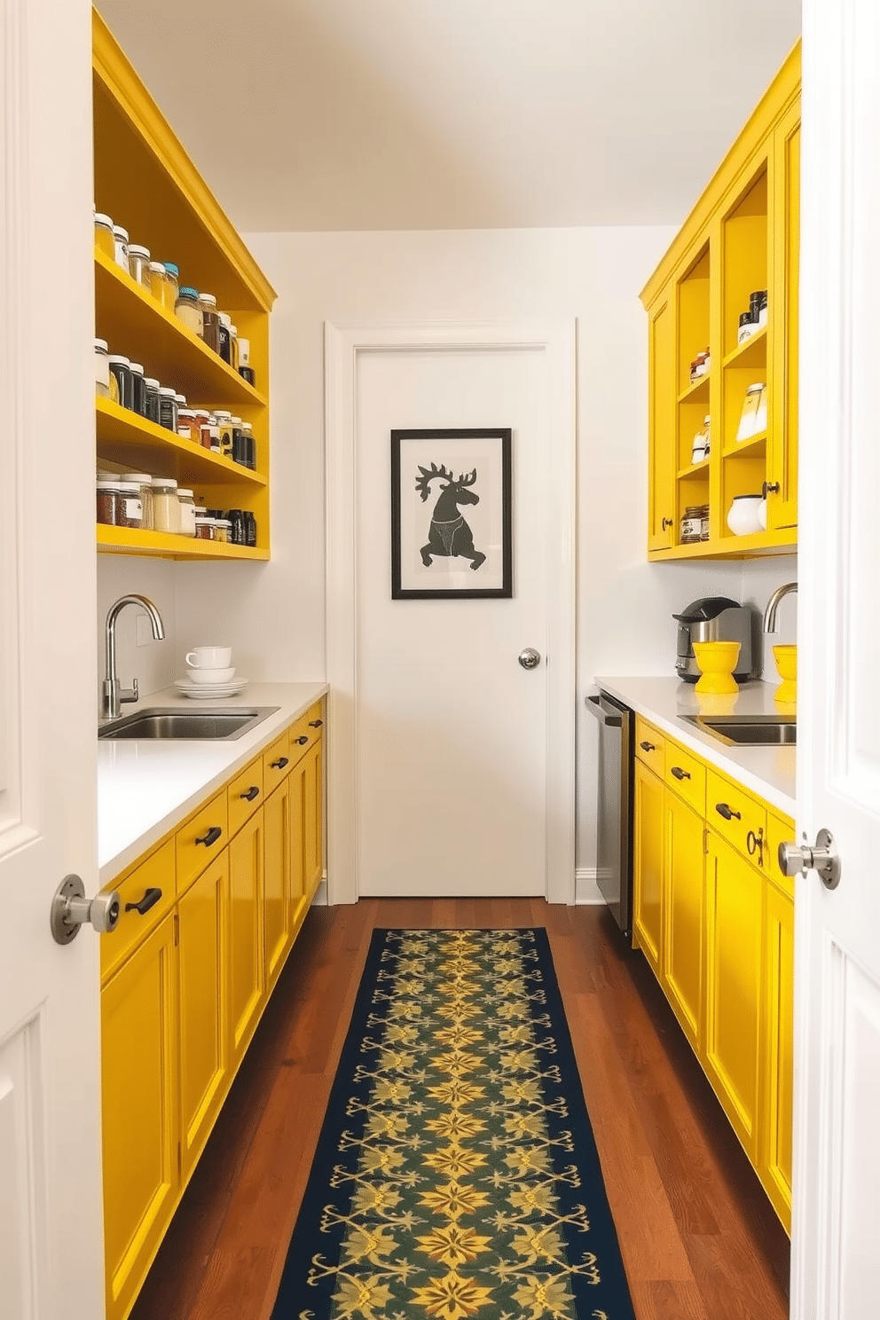 A vibrant pantry featuring a patterned yellow runner that adds a cheerful touch to the space. The walls are painted in a soft white, complementing the bright yellow cabinetry and open shelving filled with neatly organized jars and spices.