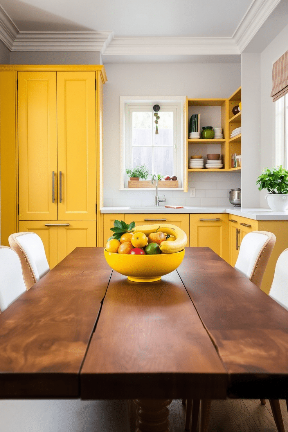 A vibrant yellow fruit bowl sits as the centerpiece on a rustic wooden dining table, filled with an assortment of fresh fruits like lemons, bananas, and apples. Surrounding the table are elegant chairs upholstered in soft white fabric, creating a bright and inviting atmosphere. The pantry features sleek yellow cabinetry with modern handles, providing a cheerful and functional storage solution. Open shelves display colorful dishes and jars, while a small herb garden on the windowsill adds a touch of greenery and freshness.