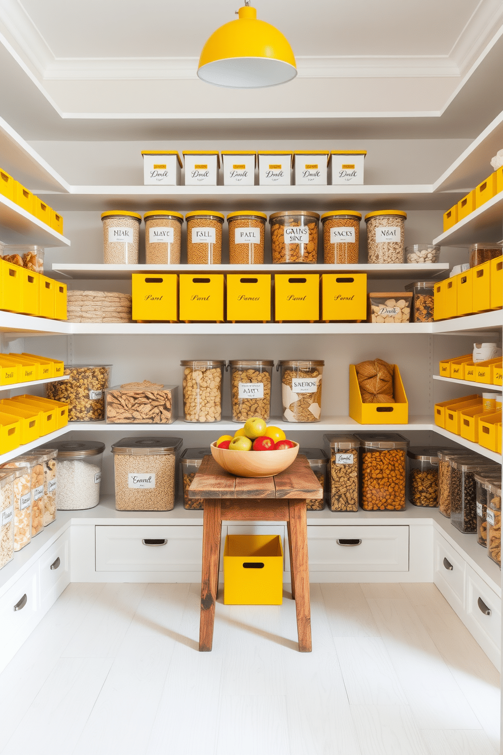 A bright and cheerful pantry space featuring yellow accents in the organization bins. The shelves are lined with clear containers filled with various grains and snacks, all beautifully labeled with elegant typography. The walls are painted in a soft white to enhance the vibrant yellow accents. A small, rustic wooden table sits in the center, adorned with a bowl of fresh fruits for a pop of color.