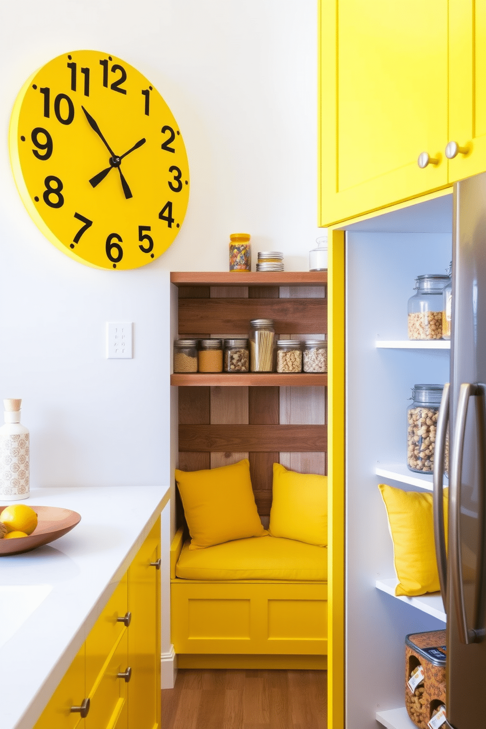 A whimsical yellow wall clock adds a playful touch to the kitchen, featuring a round shape with oversized numbers and quirky hour and minute hands. The clock is mounted on a bright white wall, creating a cheerful focal point that brings a sense of joy to the space. The pantry design showcases a vibrant yellow theme, with open shelving made of reclaimed wood that contrasts beautifully with the yellow cabinetry. Decorative jars filled with colorful ingredients line the shelves, while a cozy seating nook with yellow cushions invites you to enjoy a cup of tea in this cheerful space.