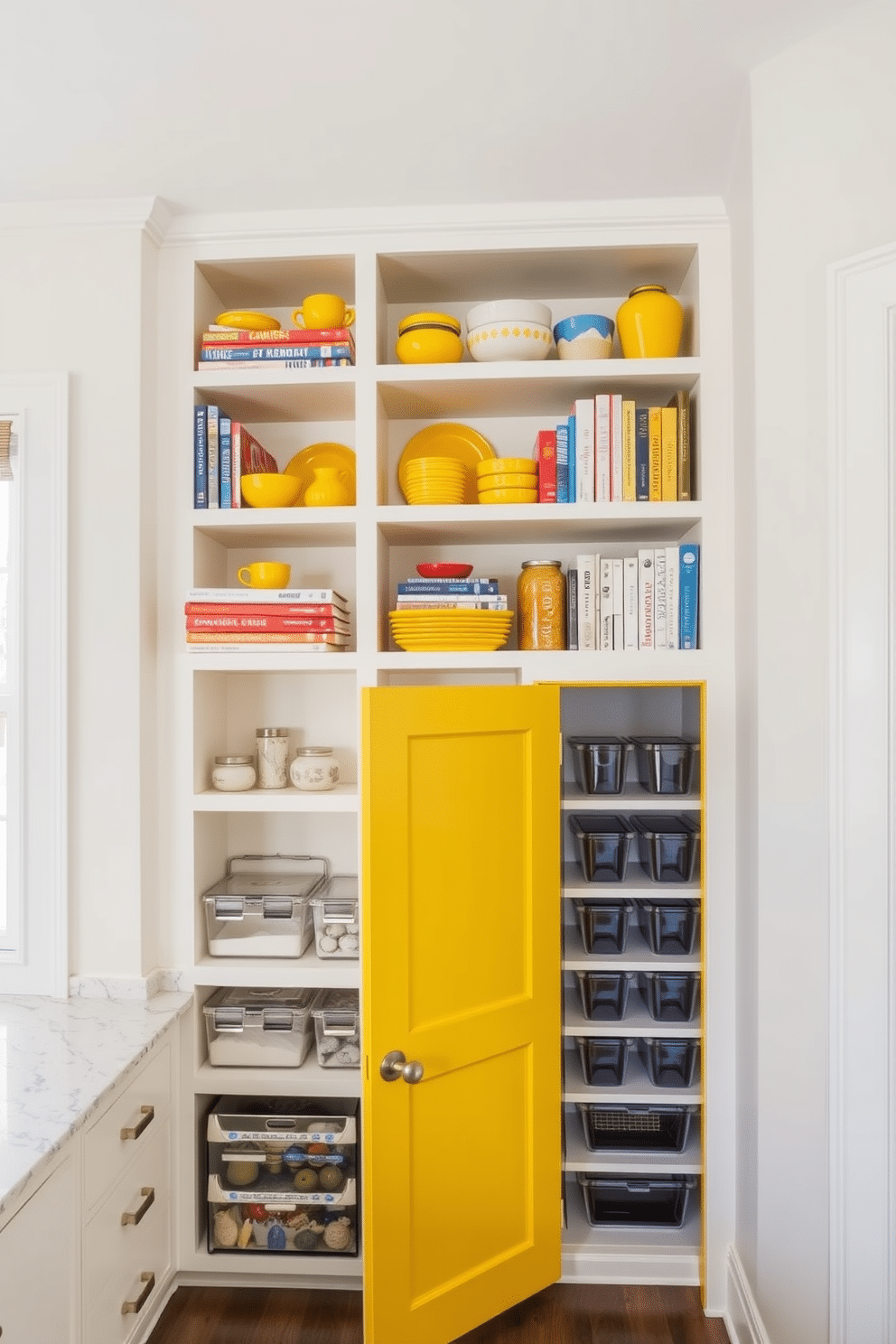 Open shelving adorned with vibrant yellow accents creates a cheerful and inviting atmosphere in the kitchen. The shelves are filled with an array of colorful dishware, cookbooks, and decorative jars, enhancing the overall aesthetic. Incorporating a yellow pantry design adds a playful touch to the space while maintaining functionality. The pantry features organized shelves with clear containers and a bright yellow door, creating a striking contrast against the neutral walls.