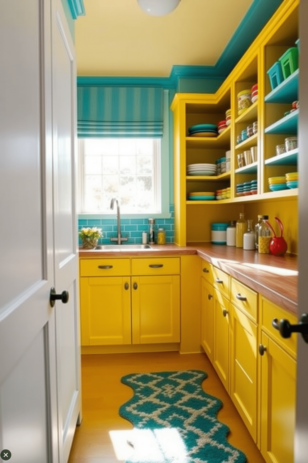 A bright and cheerful pantry featuring yellow cabinetry complemented by teal accents throughout the space. The shelves are neatly organized with colorful containers, and a teal backsplash adds a pop of color behind the wooden countertop. Sunlight streams in through a window, illuminating the vibrant yellow walls and creating a warm atmosphere. A stylish teal rug lies on the floor, enhancing the inviting and playful design of the pantry.