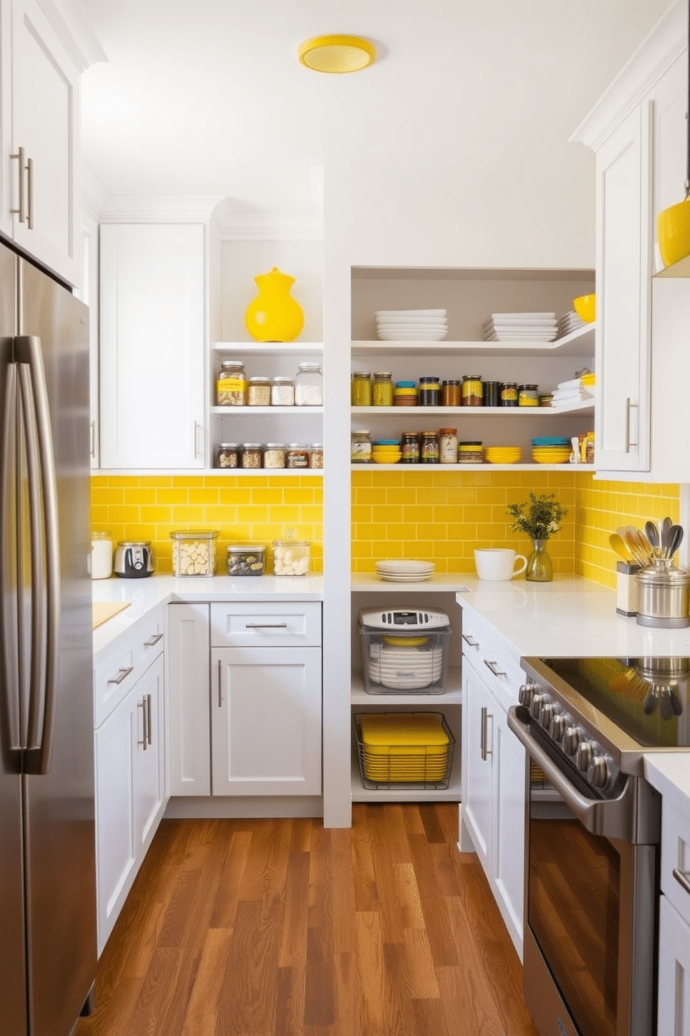 A bright kitchen featuring a yellow tile backsplash that adds a cheerful and vibrant touch. The backsplash is complemented by white cabinetry and stainless steel appliances, creating a fresh and inviting atmosphere. A spacious pantry designed with yellow accents, showcasing open shelving filled with neatly organized jars and colorful containers. The walls are painted in a soft white, allowing the yellow elements to pop and brighten the space.