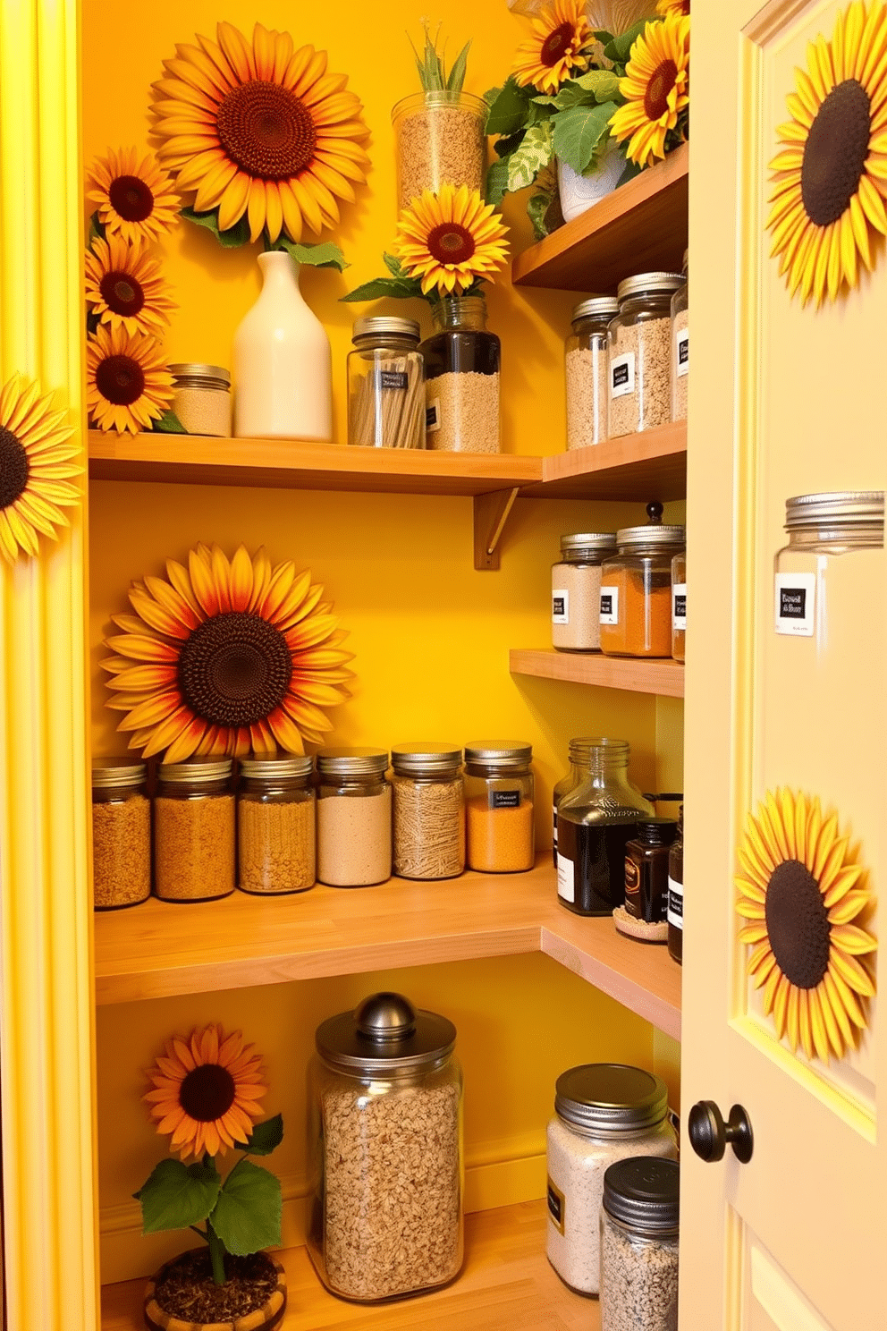 A cheerful pantry space adorned with sunflower-themed decor. The walls are painted a bright yellow, complemented by wooden shelves displaying jars of grains and spices, all accented with vibrant sunflower motifs.