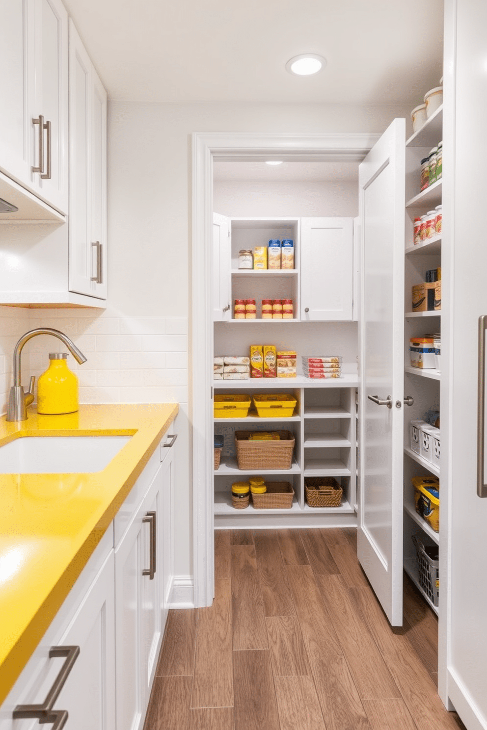 A bright kitchen featuring a yellow countertop paired with sleek white cabinetry. The space is accented with modern hardware and a stylish backsplash that complements the cheerful color scheme. A spacious pantry designed with white cabinetry and organized shelving to maximize storage. The yellow accents add a pop of color, creating an inviting and functional area for food and kitchen supplies.