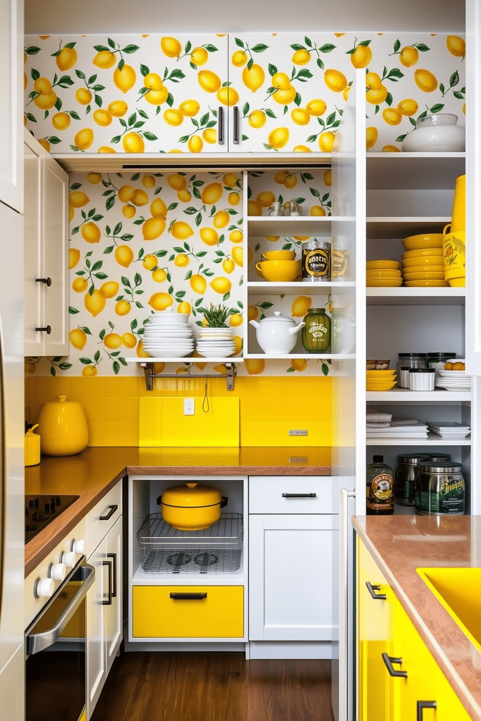 A vibrant kitchen featuring lemon-inspired wallpaper that adds a cheerful and fresh atmosphere. The walls are adorned with a playful lemon pattern, complemented by white cabinetry and bright yellow accents throughout the space. A stylish pantry designed with functional shelving and storage solutions, showcasing a mix of open and closed cabinets. The design incorporates yellow hues, creating an inviting and sunny space for organizing kitchen essentials.