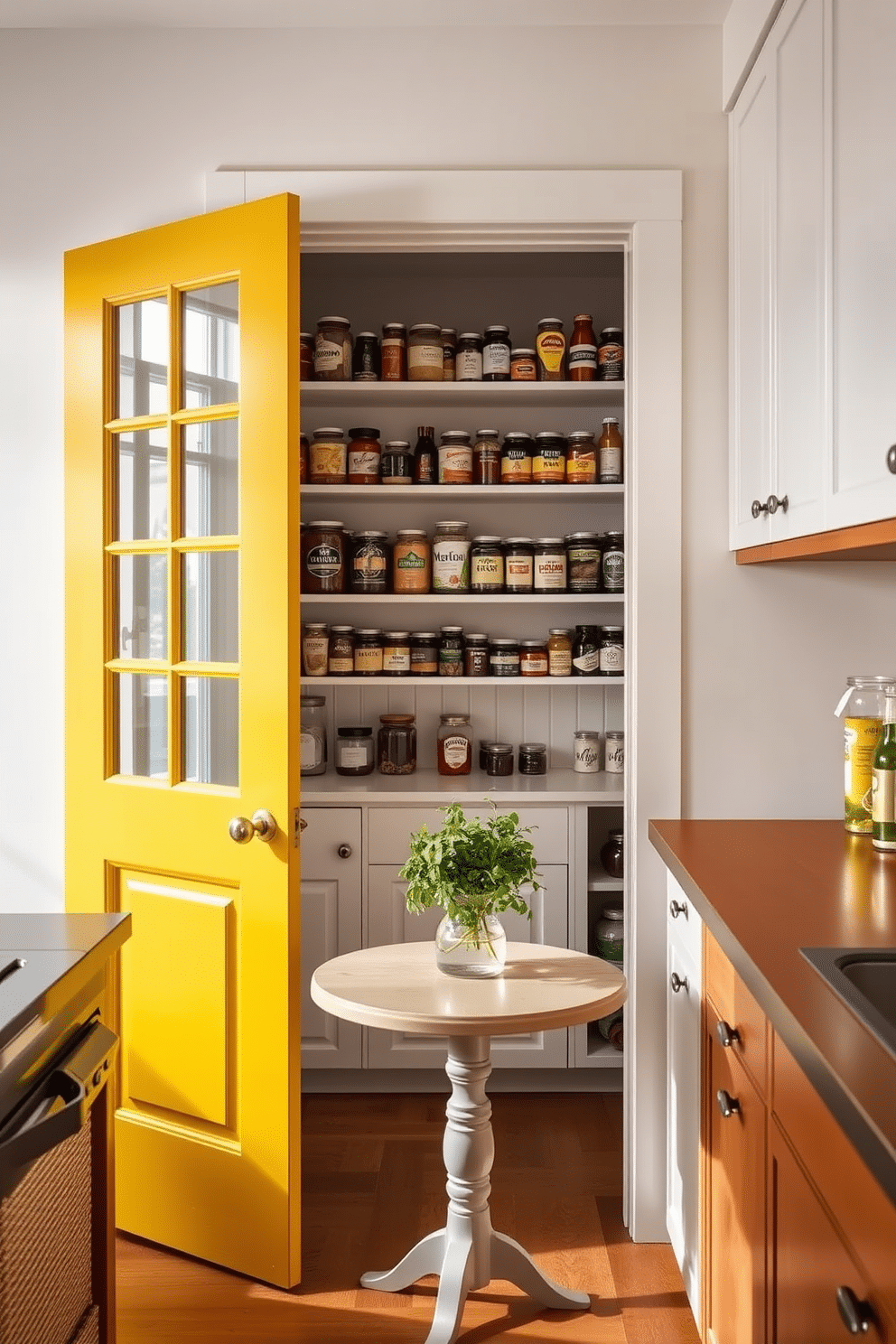 A cheerful yellow pantry door with glass panels invites natural light into the space, enhancing the vibrant atmosphere. Inside, open shelving displays an array of colorful jars and neatly organized spices, creating an inviting and functional design. The walls are painted in a soft white to contrast with the bold door, while warm wooden accents in the cabinetry and countertop add a touch of warmth. A small, round table in the center features a vase of fresh herbs, blending practicality with a charming aesthetic.