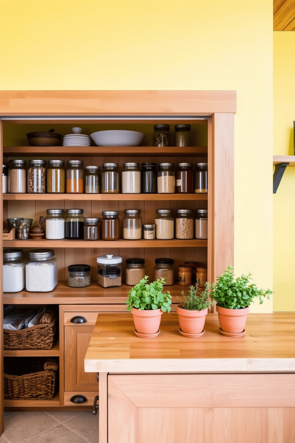 A vibrant yellow pantry features natural wood shelving that complements the bright color scheme. The walls are painted in a soft yellow hue, while the wooden accents create a warm and inviting atmosphere. The pantry is organized with clear glass jars filled with grains and spices, showcasing their colors against the yellow backdrop. A rustic wooden countertop provides ample space for meal prep, adorned with fresh herbs in terracotta pots for a touch of greenery.