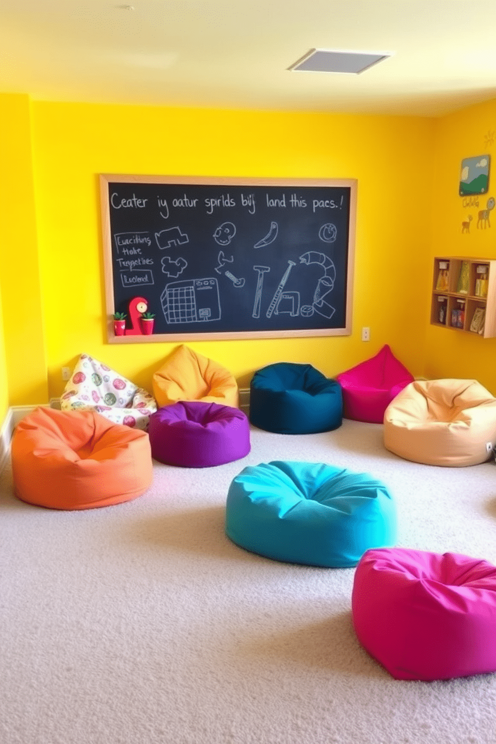 Bright yellow accent walls create a cheerful atmosphere, perfect for a playful environment. The room features soft, plush carpeting in a light gray tone, providing a cozy area for children to play. Colorful bean bags in various shapes and sizes are scattered throughout the space, inviting kids to sit and relax. A large, interactive chalkboard wall allows for creativity and fun, while playful artwork adorns the remaining walls.