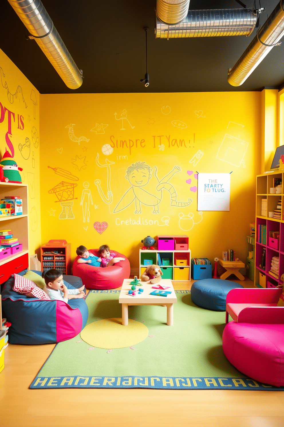 A vibrant playroom features a yellow chalkboard wall, inviting children to unleash their creativity with colorful chalk drawings. The space is filled with playful furniture, including a cozy reading nook with bean bags and a low table for arts and crafts activities. Brightly colored rugs cover the floor, adding warmth and comfort to the area. Shelves are lined with toys and books, encouraging imaginative play and learning in a cheerful environment.