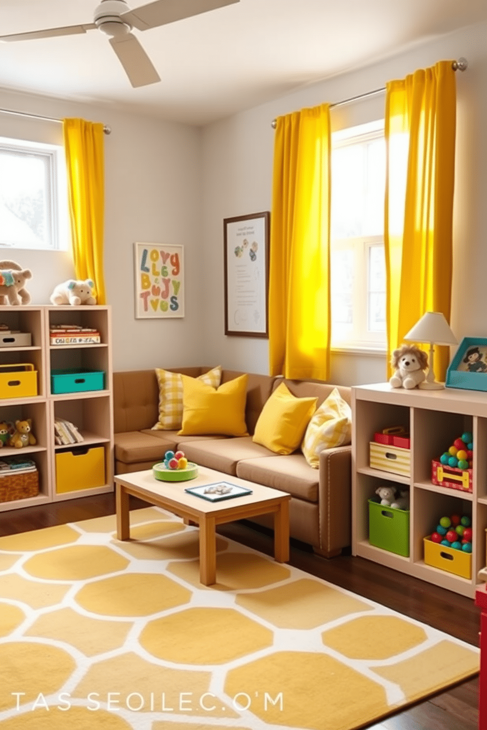 A vibrant playroom filled with energy and creativity. The space features a cozy seating area adorned with accent pillows in various shades of yellow, providing a cheerful and inviting atmosphere. Bright yellow curtains frame the windows, allowing natural light to flood the room. A playful area rug with geometric patterns complements the decor, while colorful toys are neatly organized in open shelving for easy access.