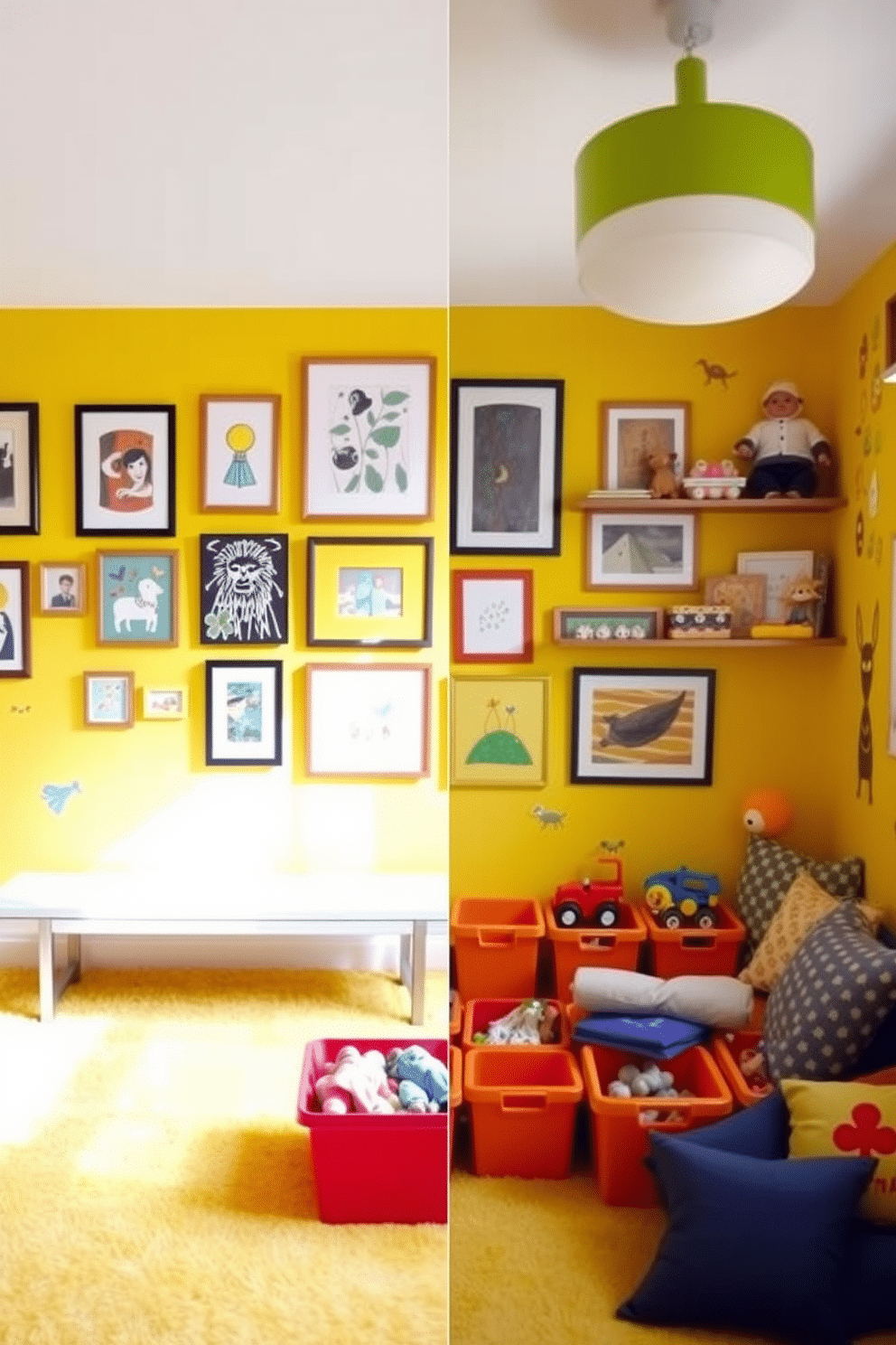 A vibrant yellow-themed art gallery wall showcases an eclectic mix of framed artwork, including abstract pieces and playful prints. The wall is complemented by warm wooden accents, with a sleek bench below that invites visitors to sit and admire the creativity on display. The playroom design features cheerful yellow walls adorned with whimsical decals and a soft, plush carpet in coordinating hues. A variety of toys are organized in bright storage bins, while a cozy reading nook with oversized cushions creates a perfect spot for relaxation and imaginative play.