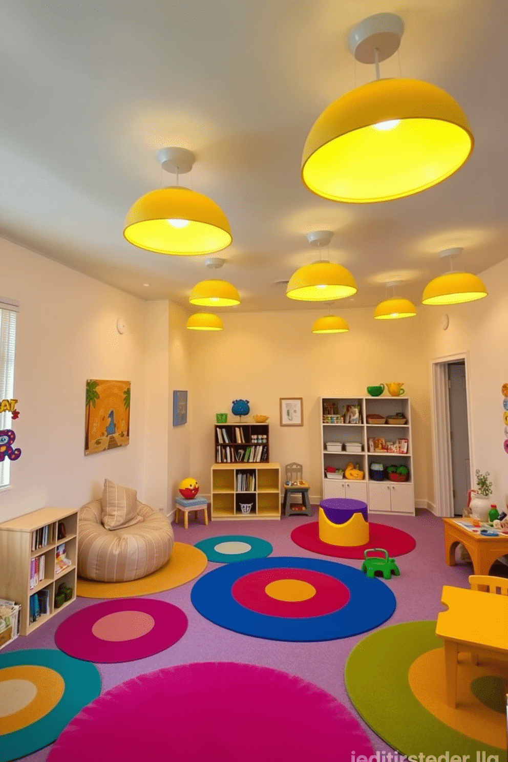 A bright playroom filled with sunny yellow lighting fixtures that create a warm and inviting ambiance. The walls are painted in soft pastel colors, and colorful rugs cover the floor, providing a playful contrast to the cheerful lighting. In one corner, a cozy reading nook features a plush bean bag and a small bookshelf filled with children's books. Interactive play zones are scattered throughout, with vibrant toys and art supplies easily accessible for creative exploration.