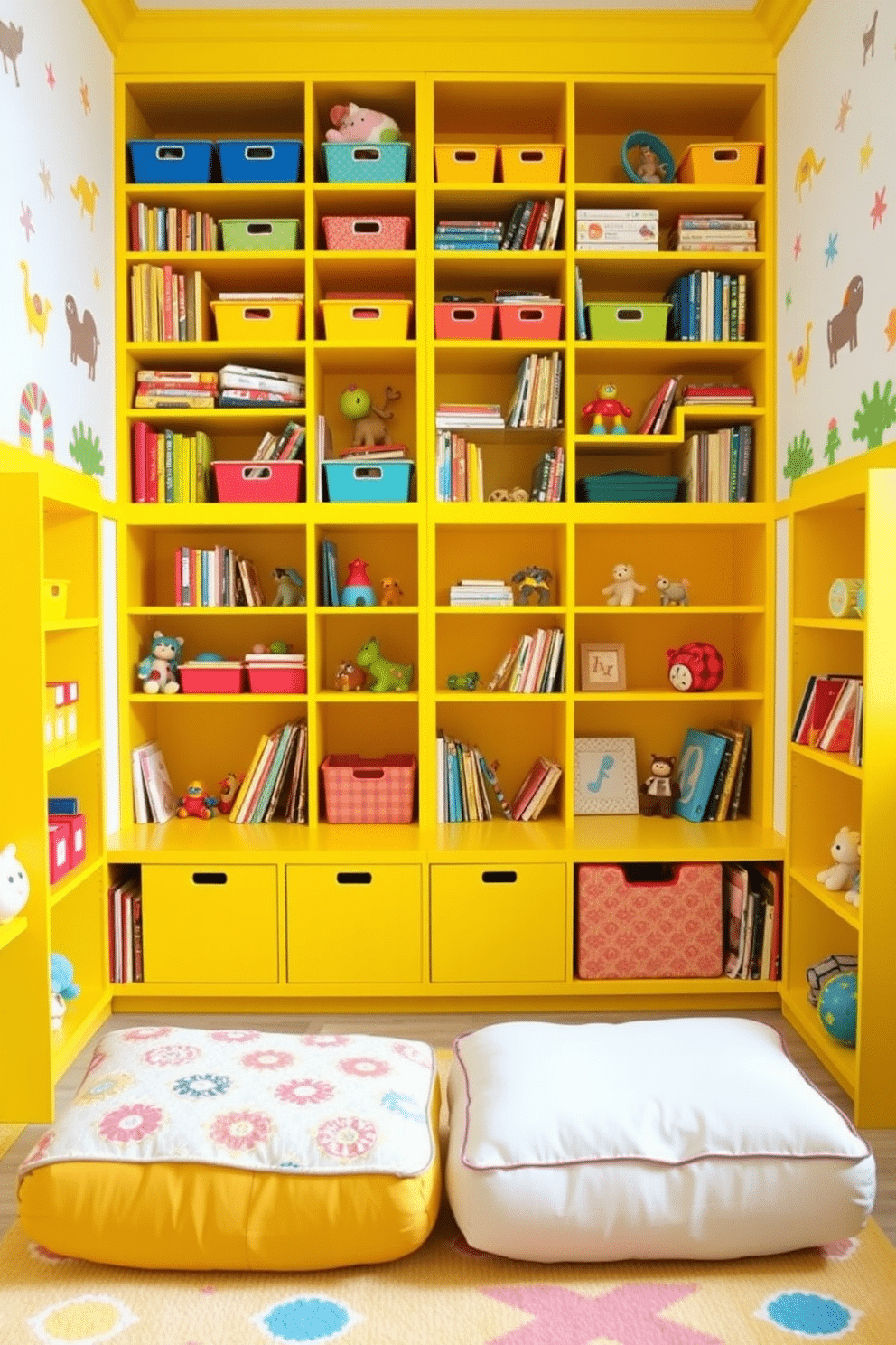 A vibrant playroom filled with yellow bookshelves designed to organize an array of toys and books. The shelves are crafted from sturdy wood, painted in a cheerful yellow hue, and are filled with colorful bins and neatly arranged books, creating an inviting and playful atmosphere. Soft, plush seating in playful patterns complements the bright shelves, providing a cozy area for reading and playing. The walls are adorned with whimsical artwork and decals, enhancing the playful theme while maintaining a bright and airy feel.