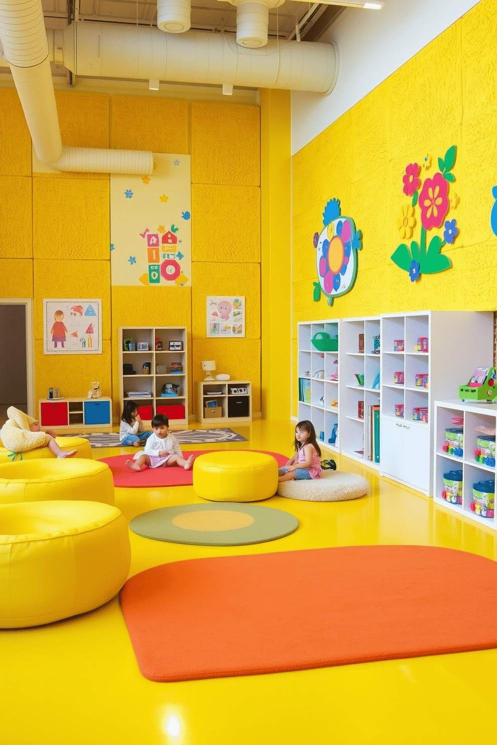 Interactive yellow wall panels create an engaging atmosphere in a playful space. The walls are adorned with textured yellow panels that encourage creativity and interaction, complemented by colorful wall art featuring playful designs. The playroom is filled with soft, cozy seating areas, inviting children to explore and play. Bright rugs in various shapes and sizes add to the vibrant decor, while shelves are stocked with toys and books, ensuring a fun and stimulating environment.