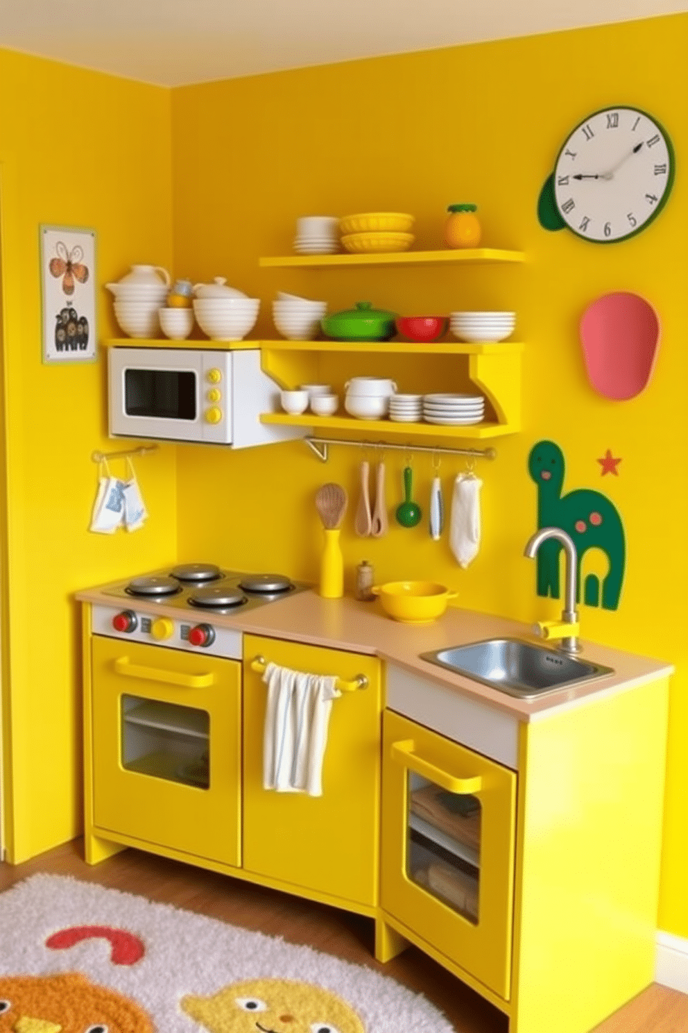 A cheerful yellow play kitchen designed for imaginative cooking fun. It features a miniature stove, oven, and sink, all crafted from durable materials with playful knobs and handles. The walls are painted in a bright yellow hue, creating a sunny atmosphere. Colorful shelves are filled with toy dishes, pots, and food items, inviting children to engage in creative play. For the yellow playroom design, envision a vibrant space filled with soft, plush seating and playful rugs. The walls are adorned with whimsical artwork and storage solutions that keep toys organized while adding to the cheerful ambiance.