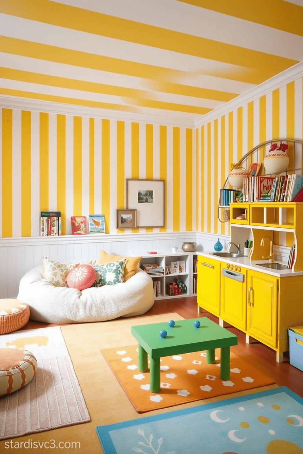 A vibrant playroom adorned with yellow and white striped wallpaper that energizes the space. The room features a cozy reading nook with plush bean bags and a colorful bookshelf filled with children's books. In one corner, a whimsical play kitchen with bright yellow cabinets invites imaginative play. Soft, durable rugs in playful patterns cover the floor, providing a comfortable area for games and activities.