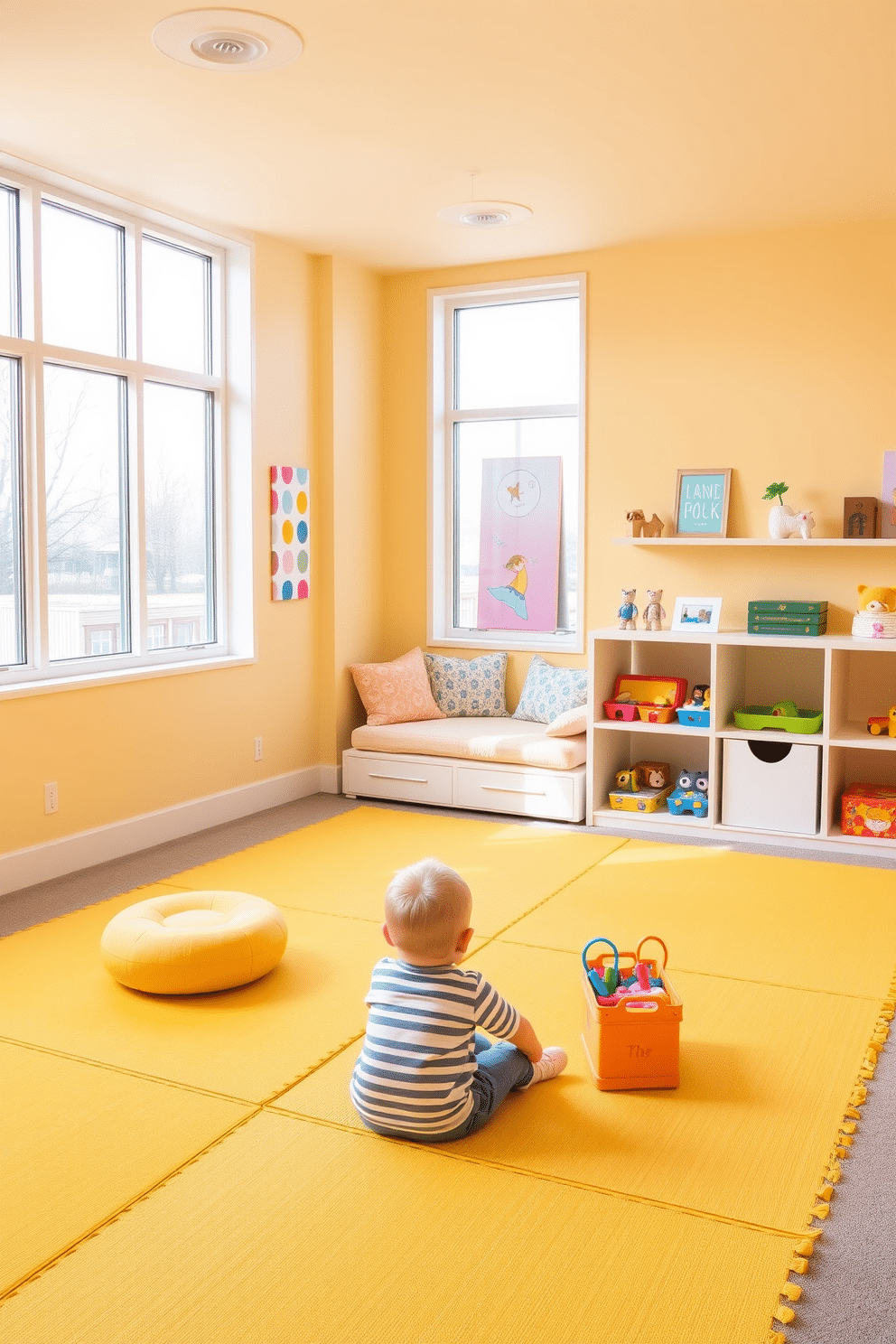 A cheerful playroom designed with soft yellow play mats ensures safety and comfort for children. The walls are painted in a light, sunny yellow, complemented by playful artwork and shelving filled with colorful toys. In one corner, a cozy reading nook features plush cushions and a small bookshelf, creating an inviting space for storytime. Large windows allow natural light to flood the room, enhancing the vibrant atmosphere and making it a joyful retreat for kids.