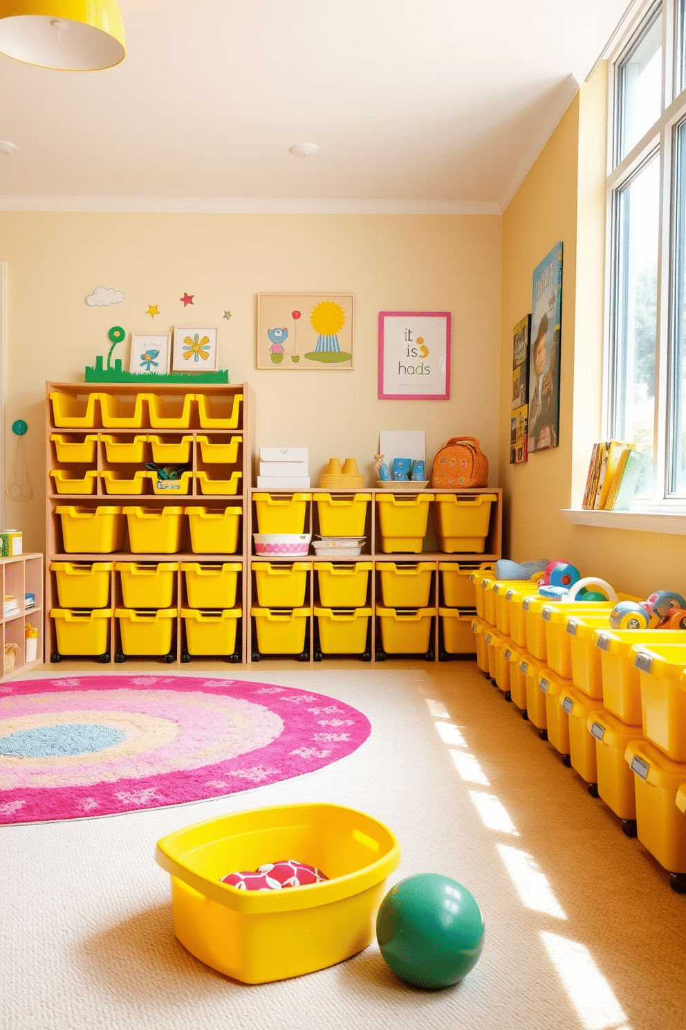 A bright and cheerful playroom features yellow toy bins neatly arranged along the walls, providing an organized space for children to store their toys. The room is filled with soft, colorful rugs and playful wall art, creating an inviting atmosphere for imaginative play. The yellow bins are made of durable plastic, designed to withstand daily use while adding a pop of color. Large windows allow natural light to flood the room, enhancing the vibrant yellow tones and making the space feel open and airy.