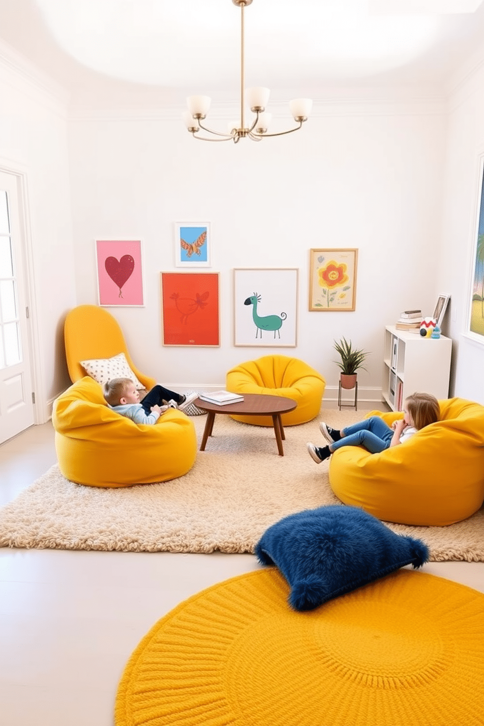 A cozy playroom featuring mustard yellow furniture that invites warmth and creativity. The walls are painted in a soft white, enhancing the cheerful ambiance, while plush rugs in complementary colors provide comfort underfoot. A playful arrangement of mustard yellow bean bags and a low coffee table creates an inviting space for children to relax and engage in activities. Brightly colored artwork adorns the walls, adding a vibrant touch to the overall design.