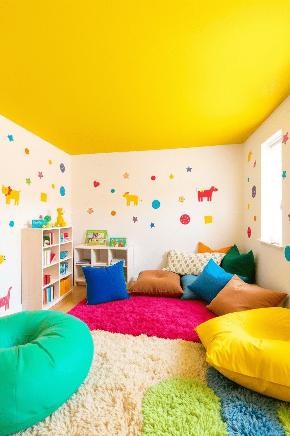 A bright yellow ceiling creates an illusion of expanded space, enhancing the playfulness of the room. The walls are painted in a soft white, providing a cheerful contrast that makes the yellow ceiling pop. Colorful wall decals of animals and shapes adorn the walls, stimulating creativity and imagination. A plush, multicolored rug adds comfort to the floor, inviting children to sit and play. In one corner, a cozy reading nook features a small bookshelf filled with vibrant storybooks. Soft, oversized cushions in various colors provide a comfortable space for children to relax and enjoy their favorite tales.