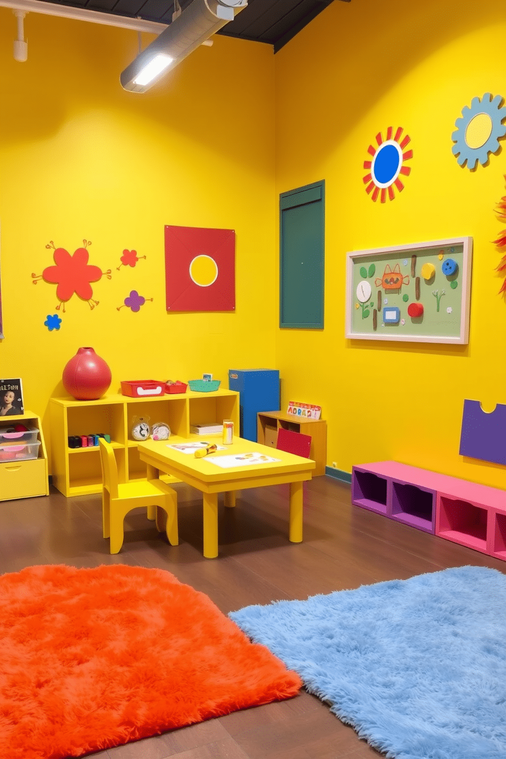 A vibrant playroom filled with energy and creativity. The walls are painted a cheerful yellow, adorned with playful wall art featuring whimsical shapes and bright colors. Soft, plush rugs in contrasting colors cover the floor, providing a cozy area for play. Brightly colored furniture, including a small table and chairs, invites children to engage in arts and crafts activities.