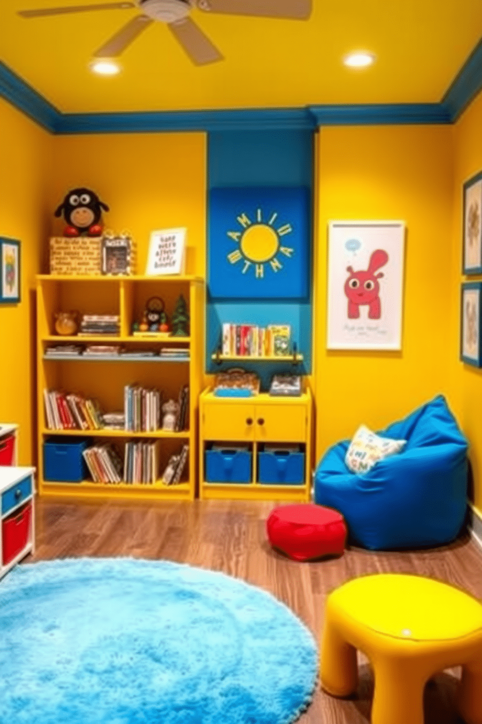 A vibrant playroom filled with energy and creativity. The walls are painted in a cheerful yellow, complemented by blue accents in the furniture and decor. A cozy reading nook features a plush blue bean bag chair and a yellow bookshelf filled with colorful books. Bright artwork adorns the walls, and a soft blue rug anchors the playful space.