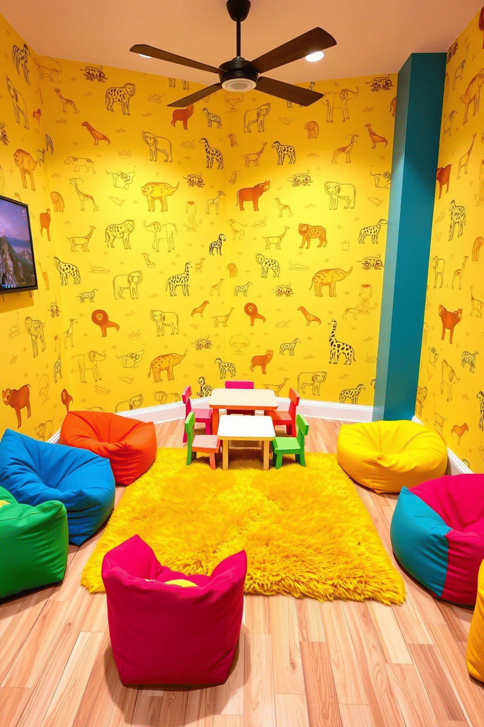 A vibrant playroom filled with energy and creativity. The walls are adorned with yellow animal prints, featuring playful illustrations of lions, elephants, and giraffes that spark imagination. In the center, a soft, plush rug in a bright yellow hue provides a cozy area for kids to play. Colorful bean bags and a low table surrounded by small chairs create an inviting space for arts and crafts activities.