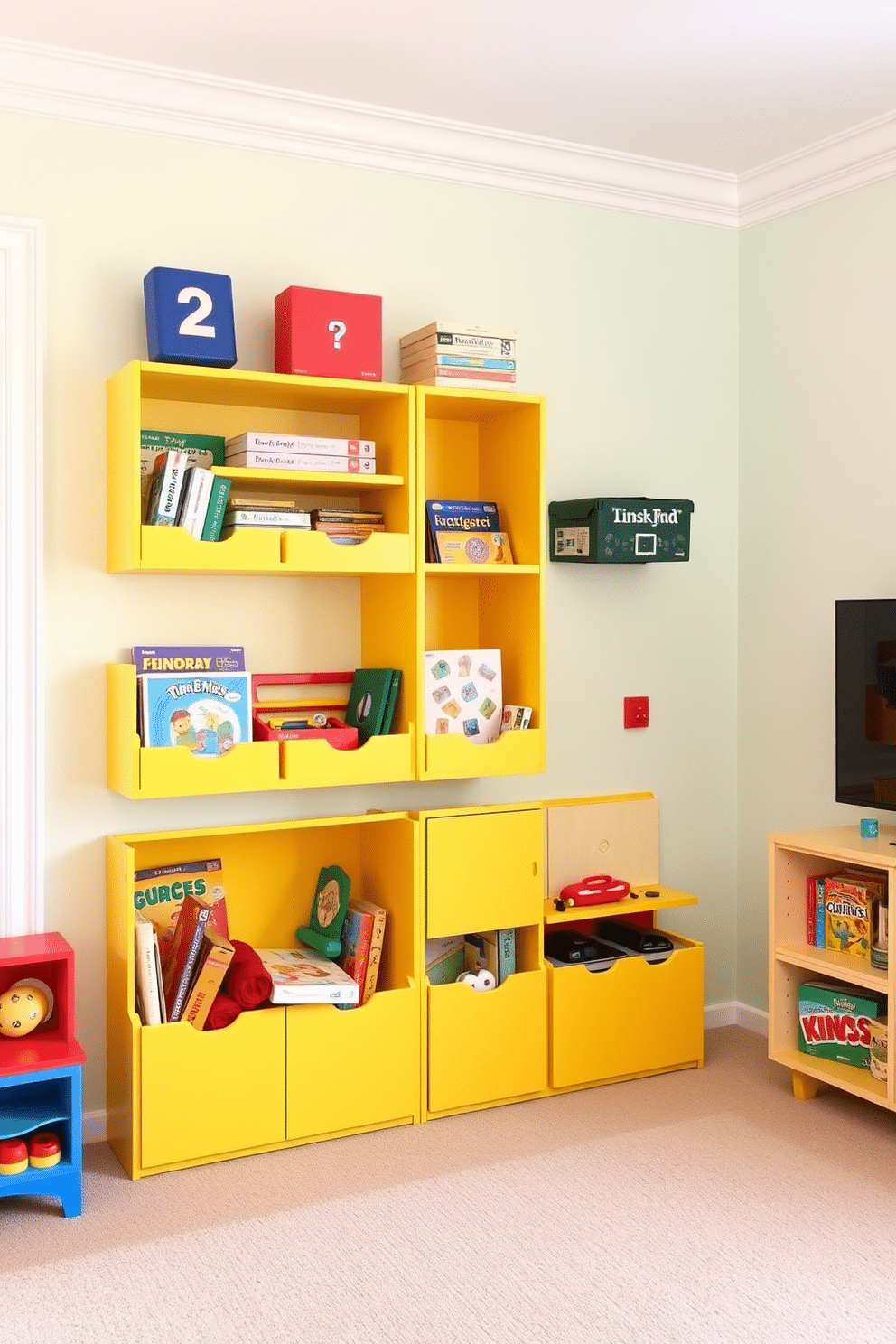 A vibrant playroom featuring wall-mounted yellow storage units, providing easy access to toys and games. The walls are painted in a soft pastel shade, creating a cheerful and inviting atmosphere for children to play and learn.