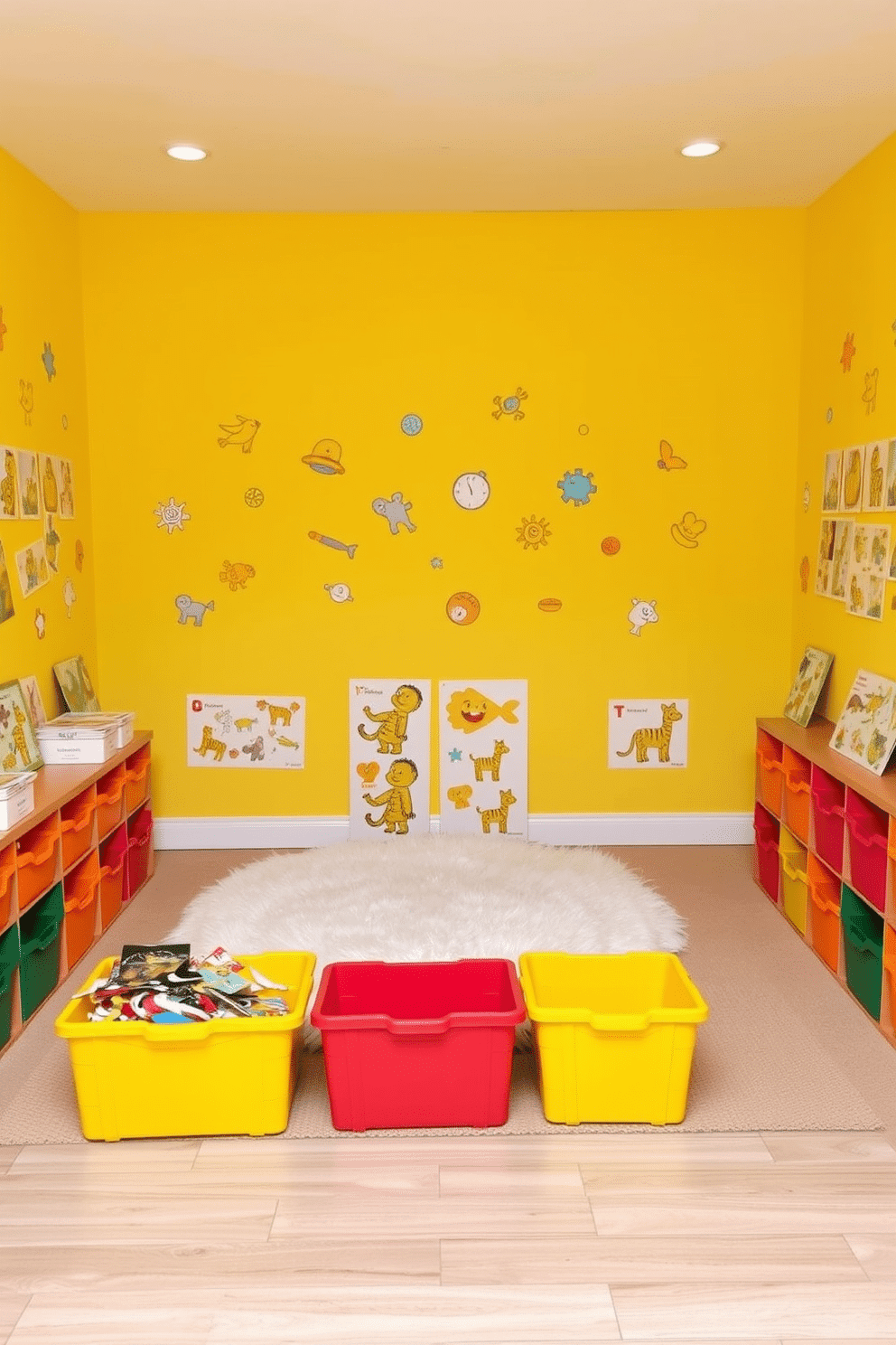 A vibrant playroom filled with yellow-themed puzzles designed for educational fun. The walls are painted a cheerful shade of yellow, complemented by playful wall decals of animals and shapes. In the center, a soft, plush rug provides a cozy area for children to sit and engage with various puzzles. Brightly colored storage bins are neatly arranged to hold the puzzles, ensuring an organized and inviting space for creativity and learning.