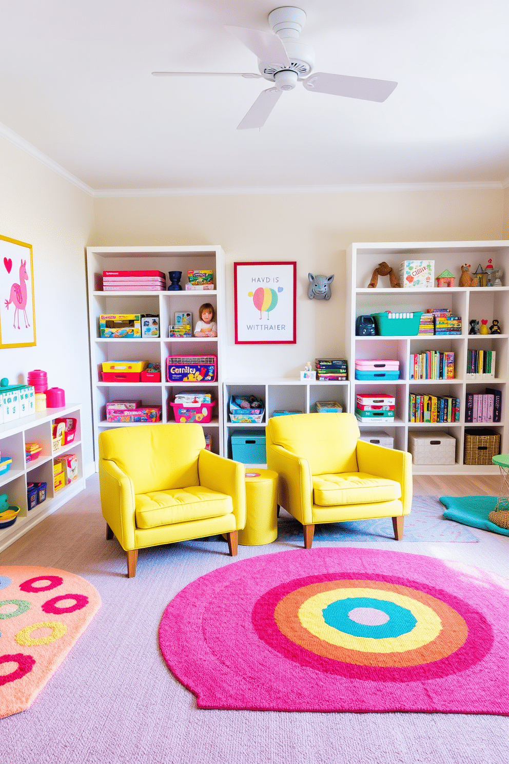 A bright playroom filled with energy and creativity. The focal point is a pair of vibrant yellow accent chairs, surrounded by colorful rugs and playful wall art. The walls are painted in soft pastel shades, providing a cheerful backdrop. A variety of toys and games are neatly organized in open shelves, inviting children to explore and play.