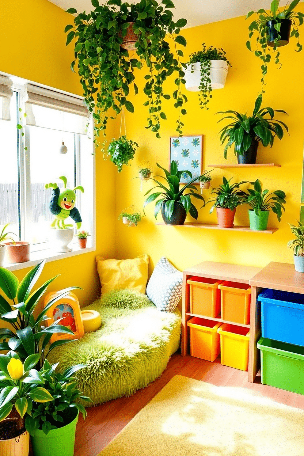 A vibrant playroom filled with yellow and green plants creates an energetic and inviting atmosphere. The walls are painted a cheerful yellow, complemented by playful green accents in furniture and decor. In one corner, a cozy reading nook features a plush green rug and bean bags, surrounded by lively potted plants. Brightly colored storage bins are neatly arranged, providing a fun and organized space for toys and games.